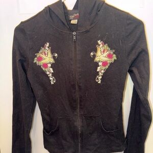 RockSteady Black Zip Hoodie with Rose & Bird Embroidery